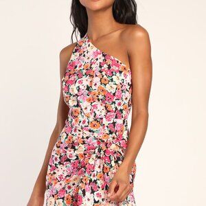 Lulu's Gorgeous Garden Pink Floral One-Shoulder Faux-Wrap Mini Dress